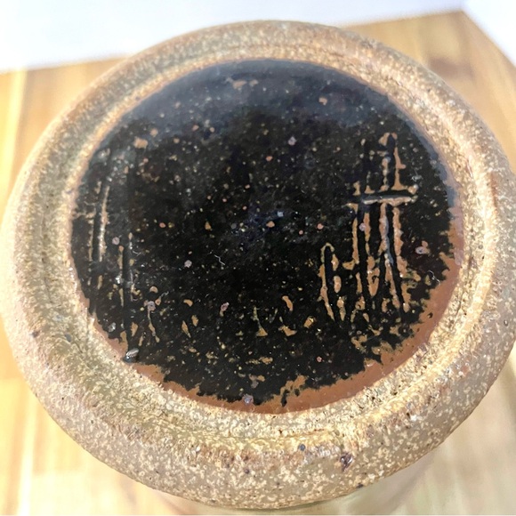 Hand Crafted Signed Pottery Pitcher Vase Red Glossy Glaze Curved Handle 11” Tall - Picture 6 of 8